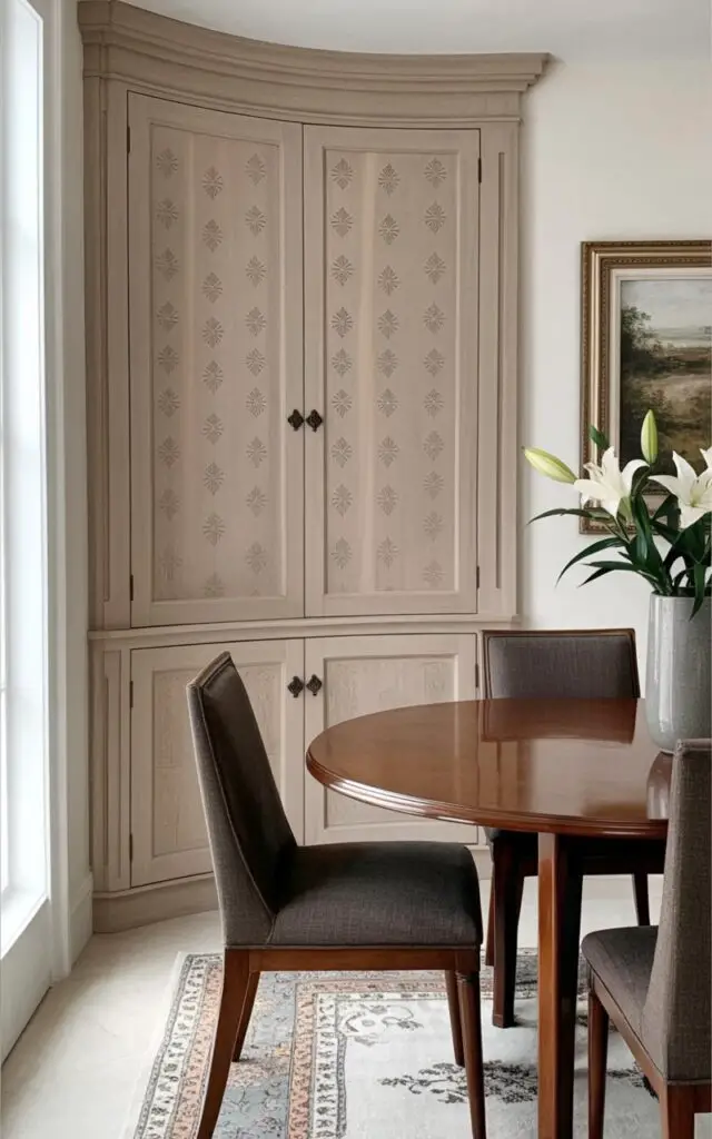 A corner cabinet with gently curved doors and dark bronze hardware occupies a recessed space in a formal dining room. The cabinet’s doors feature a subtle, repeating floral pattern etched into the wood grain, and its crown molding follows the angle of the wall. A round dining table with a polished cherry wood surface stands centered in the room, surrounded by four upholstered dining chairs with dark gray fabric and tapered wooden legs. Sunlight streams through a large window, illuminating the cabinet and casting soft shadows across a patterned Persian rug placed beneath the table. A tall vase with white lilies sits on the table, and a framed landscape painting hangs on the wall opposite the window.