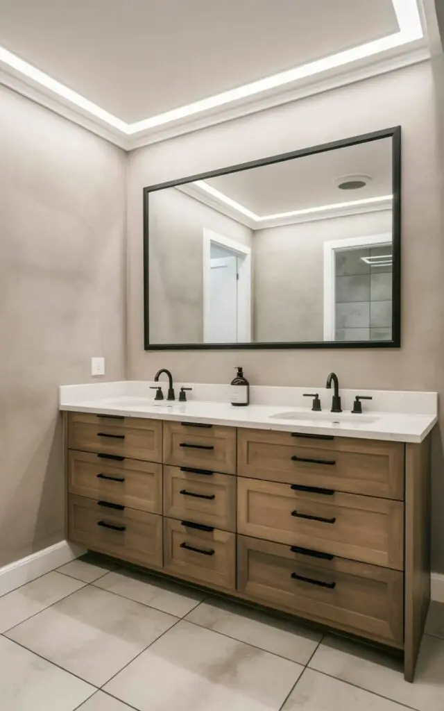 A spacious bathroom features a double vanity with handleless drawers crafted from a warm-toned wood. Cove lighting is integrated into the perimeter of the ceiling, emitting a soft, indirect glow that illuminates the matte plaster walls, emphasizing their smooth texture. A large rectangular mirror hangs above the vanity, reflecting the lighting and the room's interior. The bathroom's floor is covered in large-format porcelain tiles with a subtle linear pattern extending into the background.
