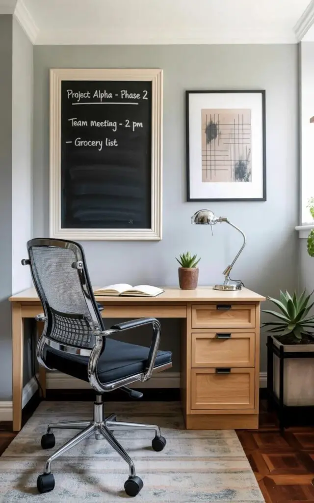 A modern office chair with a black mesh back and chrome legs sits facing a light oak desk. Above the desk, a framed chalkboard displays a handwritten to-do list including the phrases "Project Alpha - Phase 2", "Team Meeting - 2 PM", and "Grocery List", with significant blank space around the text. The wall behind the desk is painted a soft gray and features a single, framed print depicting a geometric pattern of intersecting lines in muted tones. A small, potted succulent sits on the corner of the desk, next to a sleek silver desk lamp with a flexible arm and a circular base.