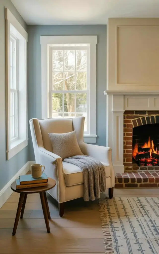 A plush armchair, upholstered in cream-colored fabric, sits angled towards a brick fireplace with a crackling fire burning within. A knitted throw blanket in a heather gray color is draped over the armrest, and a square accent pillow with a subtle woven texture rests against the back. A small wooden side table positioned beside the armchair holds a stack of books with worn covers and a ceramic mug filled with steaming tea. The reading nook is situated within a room featuring light-colored hardwood floors and a large window offering a view of snow-covered trees beyond.