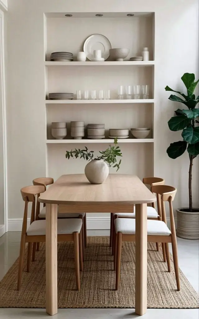 A pale oak dining table sits centered in a rectangular room, surrounded by four dining chairs with slender, light-colored wooden frames and neutral-toned fabric seats. Above the table, three floating shelves are mounted along one wall, each displaying a curated arrangement of white ceramic plates, clear glass tumblers, and various sizes of matte grey ceramic bowls. The walls of the room are smooth and painted a warm off-white color, illuminated by recessed lighting fixtures set into the ceiling. A large woven jute rug lies on the floor beneath the table, and a tall potted fiddle-leaf fig plant stands in a corner, adding a touch of greenery to the space.