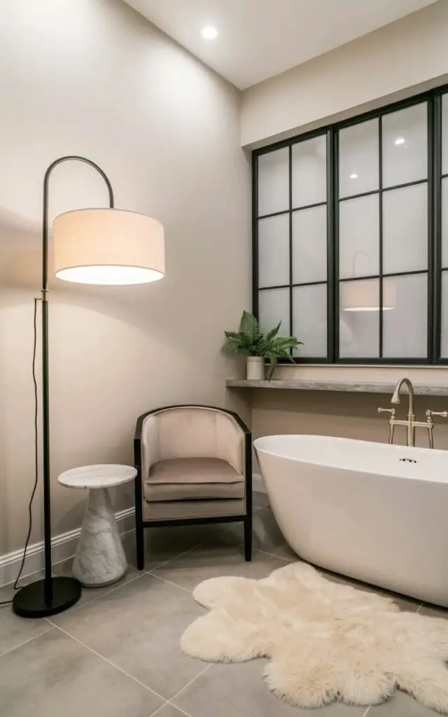 A tall floor lamp with a slender black metal frame and a soft, beige fabric shade stands beside a small seating area composed of a velvet armchair and a marble side table. The lamp's shade emits a warm, diffused light, highlighting the curves of a freestanding porcelain bathtub and the texture of the light gray stone flooring. A plush, cream-colored rug lies in front of the bathtub, while a large rectangular mirror hangs above a stone countertop with a brushed nickel faucet. Natural light streams through a frosted glass window, illuminating a small potted fern on the window sill.