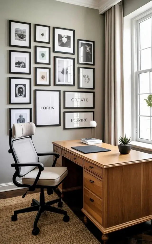 A light wood desk sits centered in a room with a wall behind it dedicated to a curated gallery arrangement. The gallery wall displays twelve framed art prints in varying sizes, alongside five black and white photographs and three rectangular pieces of typography reading "Focus", "Create", and "Inspire". A comfortable, ergonomic office chair upholstered in a light gray fabric sits pulled up to the desk, positioned slightly to the left of center. Natural light streams through a large window to the right of the desk, illuminating a small potted succulent on the desk’s surface and creating subtle shadows along the gallery wall.