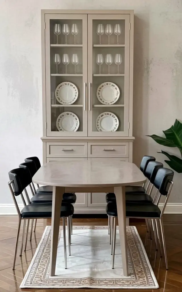 A tall glass-front cabinet with chrome handles stands against a pale gray painted wall within a well-decorated dining room. Inside the cabinet, twelve crystal wine glasses sit in three rows, accompanied by a collection of ceramic plates with a floral pattern and a set of matching bowls, all perfectly aligned and reflecting the room's lighting. A smooth, rectangular dining table with a light oak finish sits in the center of the room, encircled by six modern dining chairs featuring black leather seats and slender, brushed steel legs. A large rectangular Persian rug with a geometric pattern in shades of beige, brown, and cream lies on the polished hardwood floor, anchoring the dining set within the spacious room.