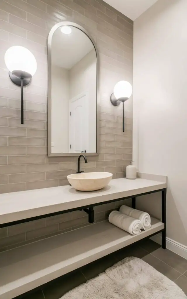 Two globe-shaped sconces with frosted glass shades are mounted on the wall, positioned on either side of a tall, rectangular mirror with a thin silver frame. Below the mirror, a vanity features a smooth, white countertop supporting a single, rounded vessel sink and a matte black faucet with a gooseneck design. Pale-gray tiles with a subtle linear texture cover the walls, extending from the floor to the ceiling, creating a seamless backdrop. A plush, off-white bath mat lies on the tiled floor in front of the vanity, while a rolled stack of white towels rests on a shelf underneath the sink.