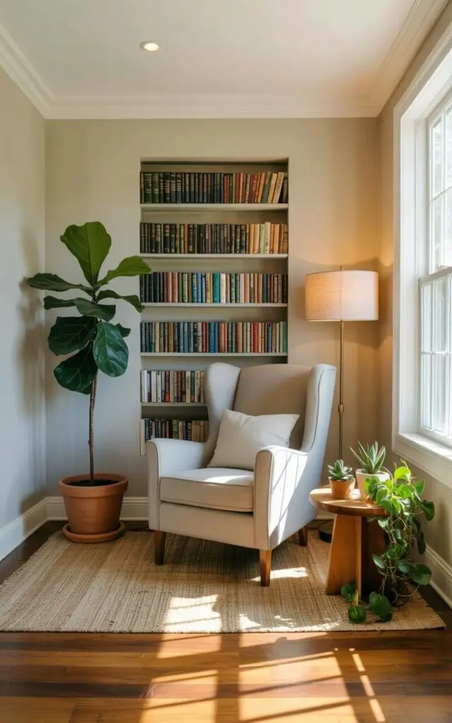 A comfortable armchair upholstered in a light gray fabric faces a tall bookshelf filled with neatly arranged books. A fiddle leaf fig plant in a terracotta pot stands to the left of the chair, its large leaves extending towards the ceiling, while several smaller succulents and a trailing pothos plant sit on a nearby wooden side table. The reading nook is situated within a room featuring pale beige walls and a large window that allows natural light to illuminate the space, casting shadows on the wooden floor. A soft, woven rug lies beneath the chair and side table, and a floor lamp with a linen shade is positioned behind the chair, providing additional illumination.
