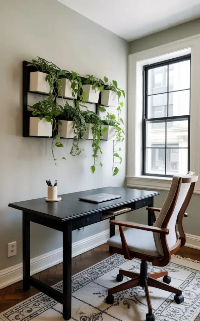 A black office table sits centered in a room, supporting a closed laptop and a small ceramic desk organizer containing a few pens. Above the table, a wall-mounted arrangement of six planters, each filled with cascading pothos plants, extends horizontally, their leaves hanging down towards the table surface. The room is illuminated by soft, diffused light filtering through a large window showing a cityscape. A modern office chair upholstered in light gray linen with a wooden frame is positioned facing the table, completing the minimalist interior.