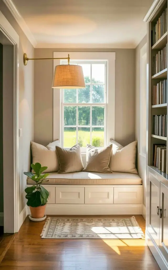 A built-in bench upholstered in cream-colored fabric sits at the end of a hallway, featuring three plush cushions in shades of beige and gray. A wall-mounted brass fixture with a linen lampshade hangs above the bench, casting a warm light on a stack of books neatly arranged on the adjacent built-in shelves. The hallway walls are painted a soft gray, and a patterned rug with a geometric design lies on the hardwood floor beneath the bench. A potted fiddle-leaf fig plant sits in the corner beside the bench, while the hallway extends into the distance, revealing a partially open door at the far end.