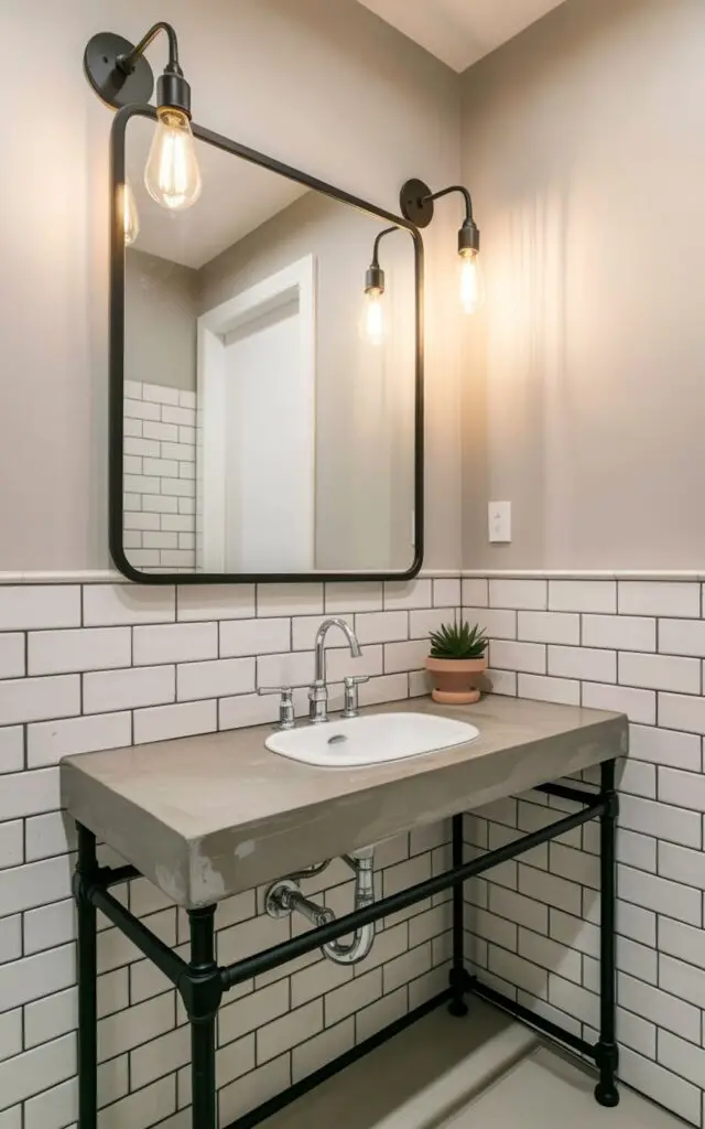 A bathroom features a rectangular vanity with a concrete countertop and black metal legs. Above the vanity, two matte-black metal light fixtures with exposed Edison-style bulbs are mounted, casting a warm glow on the white subway tiles covering the walls. The vanity has a chrome faucet and a porcelain sink with a clean, minimalist design. A large mirror hangs above the sink, reflecting the light and showcasing a small succulent in a terracotta pot placed on the countertop.