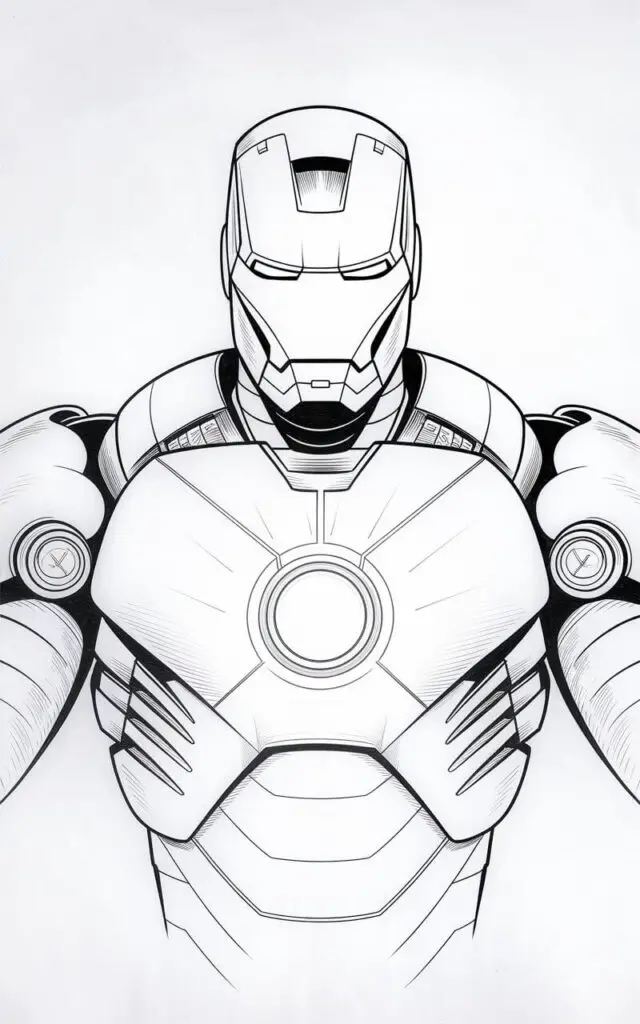 A centered, plain white background pencil drawing illustration of Iron Man facing forward with a strong emphasis on the arc reactor. The circular reactor sits prominently on the chest, outlined with precise rings and softly shaded to suggest a glowing core. The surrounding chest armor is clean and symmetrical, guiding the viewer's eye inward. The helmet remains calm and neutral. The drawing is drawn in a simplistic style, using contrast and composition to highlight Iron Man's power source. Light from the reactor is glowing, and the lines are visible.