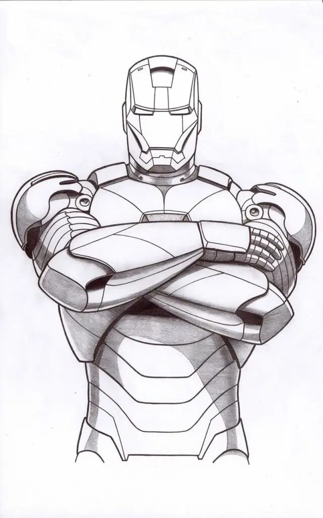 A pencil drawing illustration of Iron Man with a plain white background. He is standing with his arms folded across his chest. The overlapping forearm armor is carefully outlined, showing how the plates stack naturally. The chest armor and arc reactor remain visible beneath the crossed arms. The helmet faces forward, conveying assurance and intelligence. The illustration is drawn in a simplistic style, using posture to communicate strength and confidence.