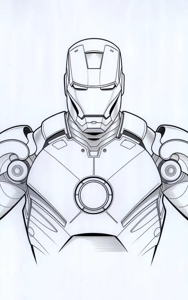 A clean, plain white background pencil drawing illustration of Iron Man's chest and helmet. The arc reactor is prominently placed at the center of the chest, outlined with a circular frame and gentle shading. The shoulder armor slopes outward naturally, while the helmet remains forward-facing and symmetrical. The lines are confident and uncluttered, focusing on the structure rather than the texture. The image is drawn in a simplistic style, ideal for showcasing the iconic features in a compact composition.