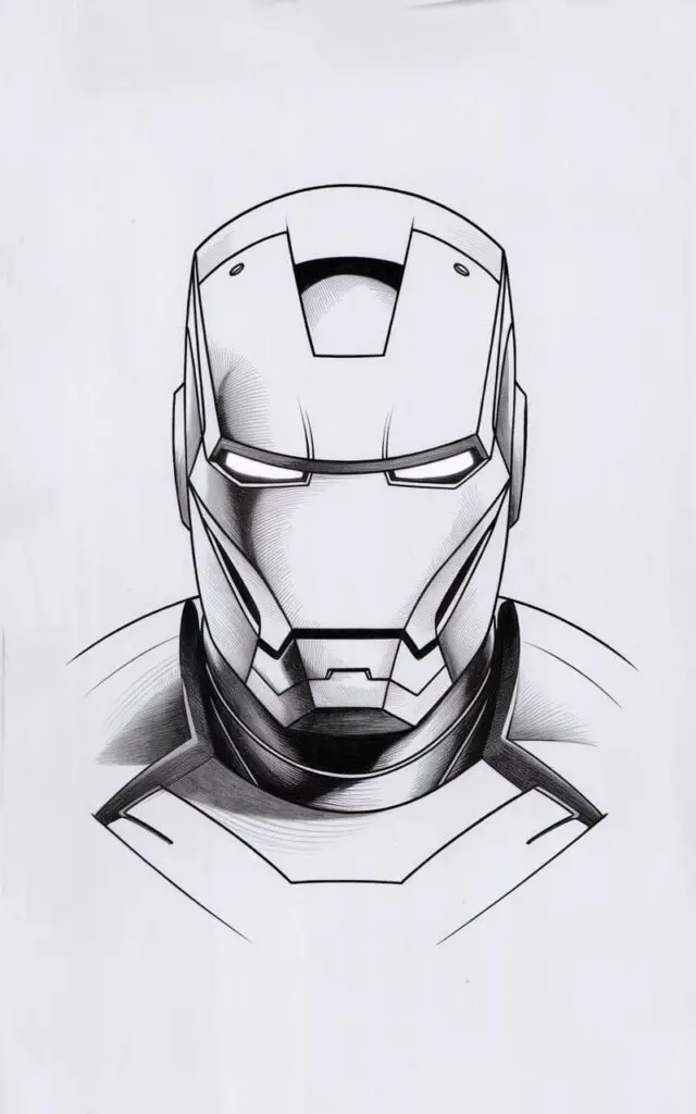 A minimalist, plain white background pencil drawing illustration of Iron Man's helmet facing forward. The eye slits are softly shaded to suggest a gentle glow rather than intense light. The faceplate panels are evenly spaced, with smooth pencil lines defining each section. Shading is subtle and controlled, enhancing depth without clutter. The drawing is done in a simplistic style, giving Iron Man a calm, observant presence.