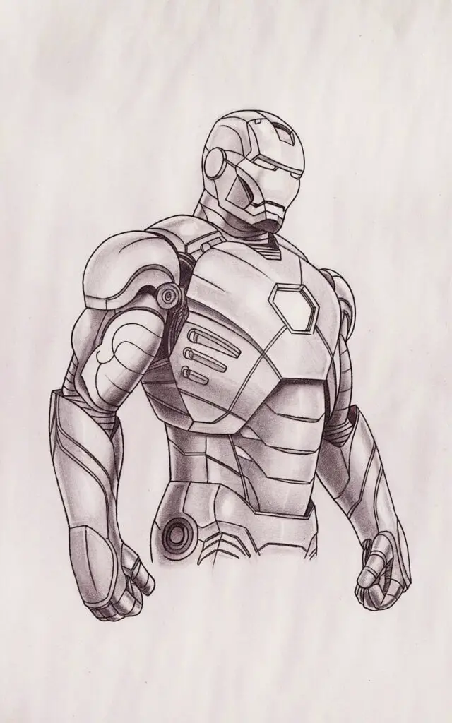 A pencil drawing illustration of Iron Man on a plain white background. Iron Man is standing with his torso slightly turned to one side. His helmet is turned just enough to maintain engagement. The armor plates follow the twist smoothly. The arms hang loosely, adding a casual feel. The drawing is in a simplistic style, capturing a candid, human-like moment.