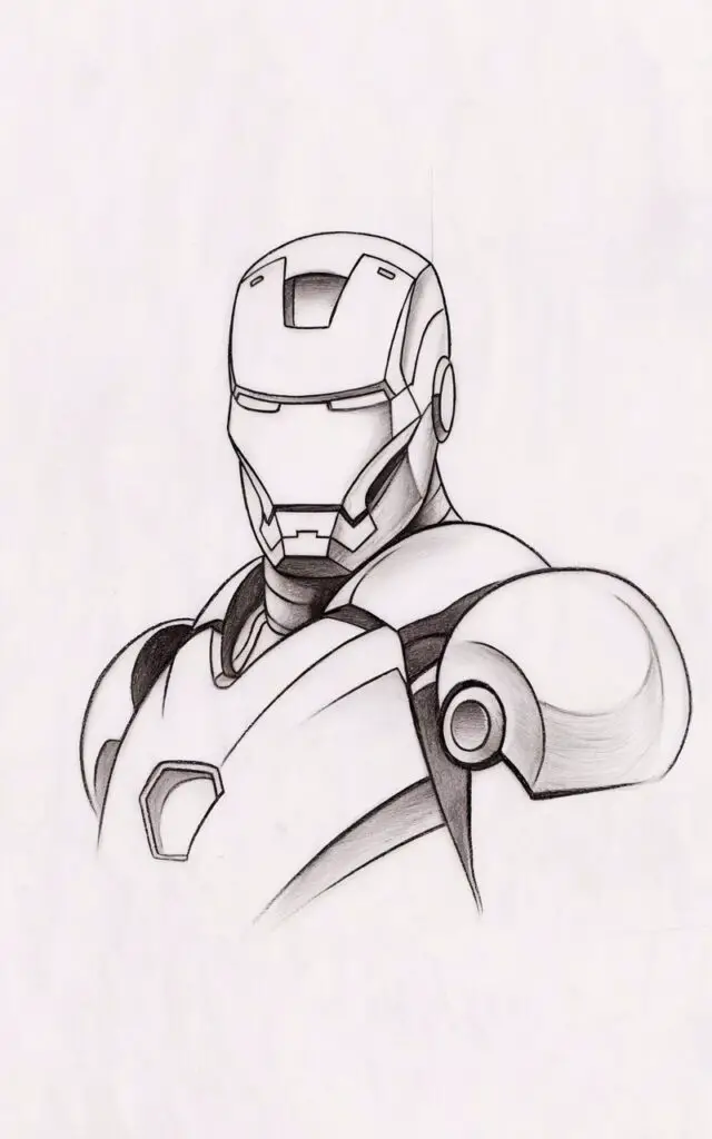 A subtle, plain white background pencil drawing illustration of Iron Man with his helmet gently tilted to one side. This small adjustment gives the character a curious, attentive expression. The eye slits are evenly shaped, and the helmet panels are lightly defined. The shoulders are squared, keeping the pose grounded. Pencil shading is soft and restrained, enhancing form without distraction. The illustration is drawn in a simplistic style, using posture alone to communicate personality.