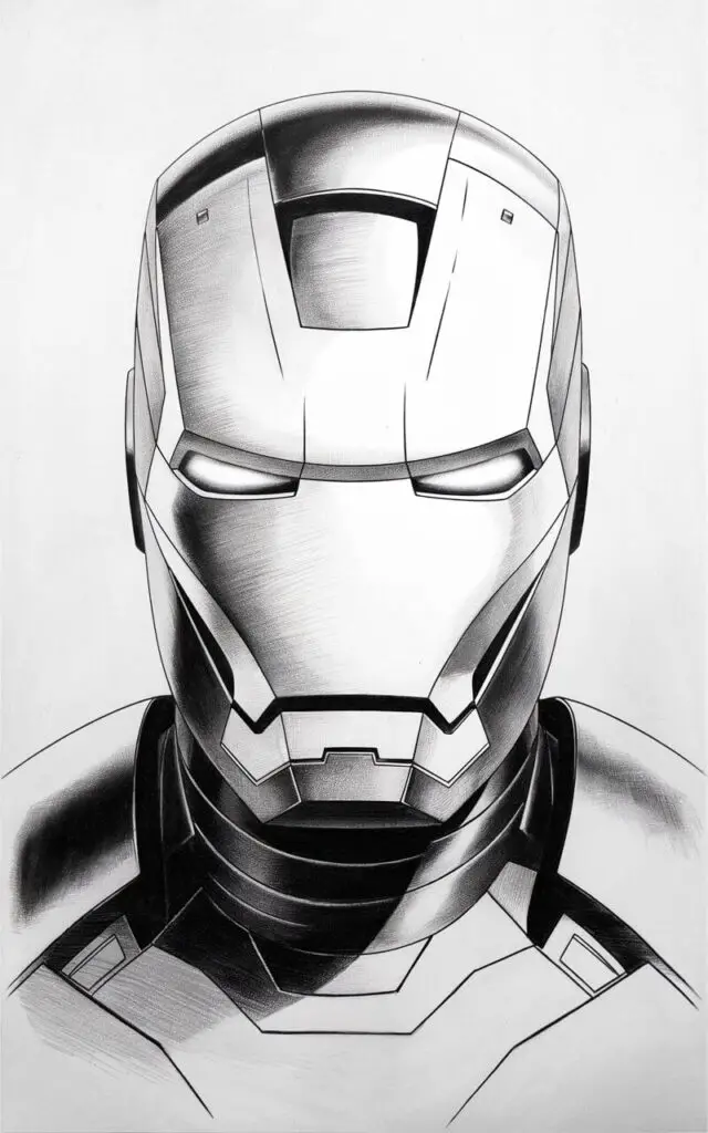 A pencil drawing of Iron Man's helmet on a plain white background. The helmet is shown in a close-up shot. The faceplate panels are neatly outlined, with symmetrical lines defining the forehead, cheeks, and jaw. The eye slits are narrow and evenly shaped, softly shaded to imply glow. The drawing has subtle pencil strokes that add gentle depth to the metallic surfaces without overwhelming detail. The drawing is in a simplistic style, focusing on precision, symmetry, and the iconic design of the helmet.