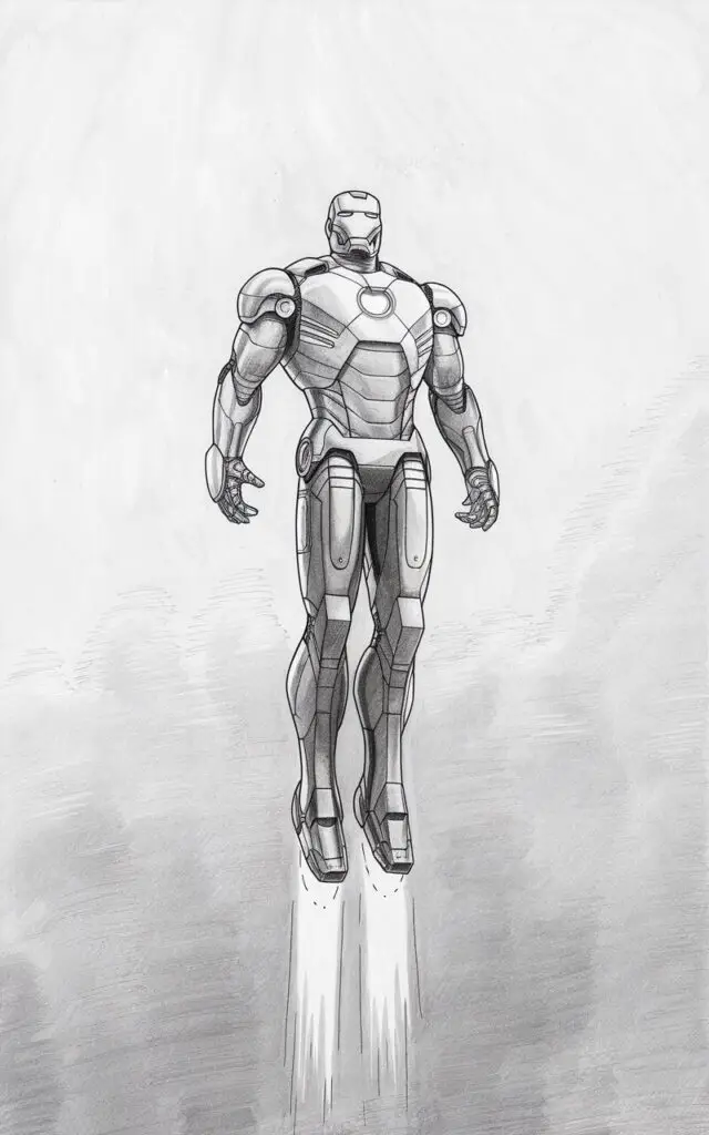 A pencil drawing illustration of Iron Man hovering upright in midair against a smooth, plain white background. The armor is streamlined, with minimal line breaks to maintain clarity. Iron Man's body remains straight, with feet angled slightly downward and hands relaxed near his sides. The boot repulsors are indicated with circular shapes and soft shading beneath the feet. The artwork is drawn in a simplistic style, capturing controlled flight without dramatic motion or clutter.