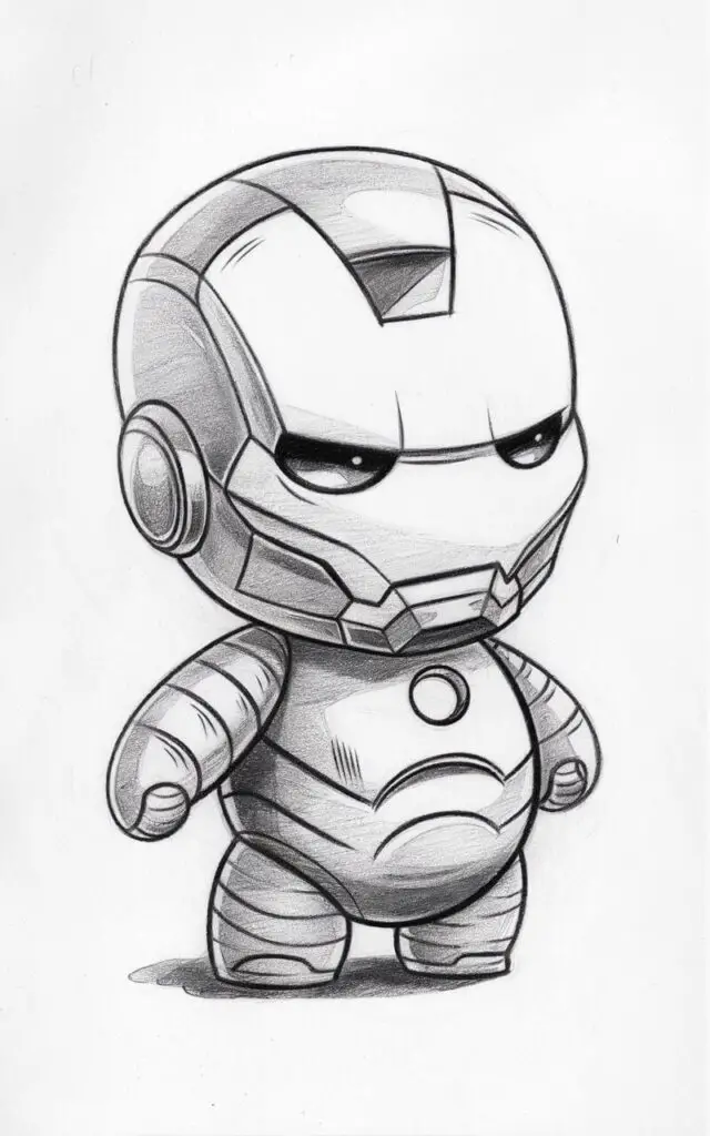 A charming, plain white background pencil drawing illustration of Iron Man portrayed in a cute mini form with a slightly oversized helmet and compact, rounded body. The proportions are intentionally playful, with short arms and stubby legs that give a toy-like appearance. The armor details are simplified into smooth panels, and the eye slits are large and friendly. Light pencil shading adds softness to the form. The entire illustration is drawn in a simplistic style, focusing on warmth, approachability, and gentle character expression.