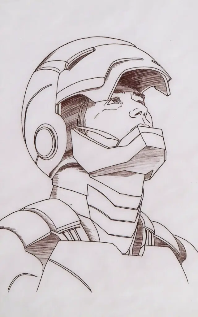 A plain white background pencil drawing illustration of Iron Man with the helmet faceplate lifted upward. The mechanical hinge lines are subtly indicated, while the interior of the helmet is lightly shaded. A minimal suggestion of a human face is visible beneath, kept soft and understated. The armor around the neck and shoulders remains clean and uncluttered. The entire artwork is drawn in a simplistic style, blending technology and humanity with quiet emotion.