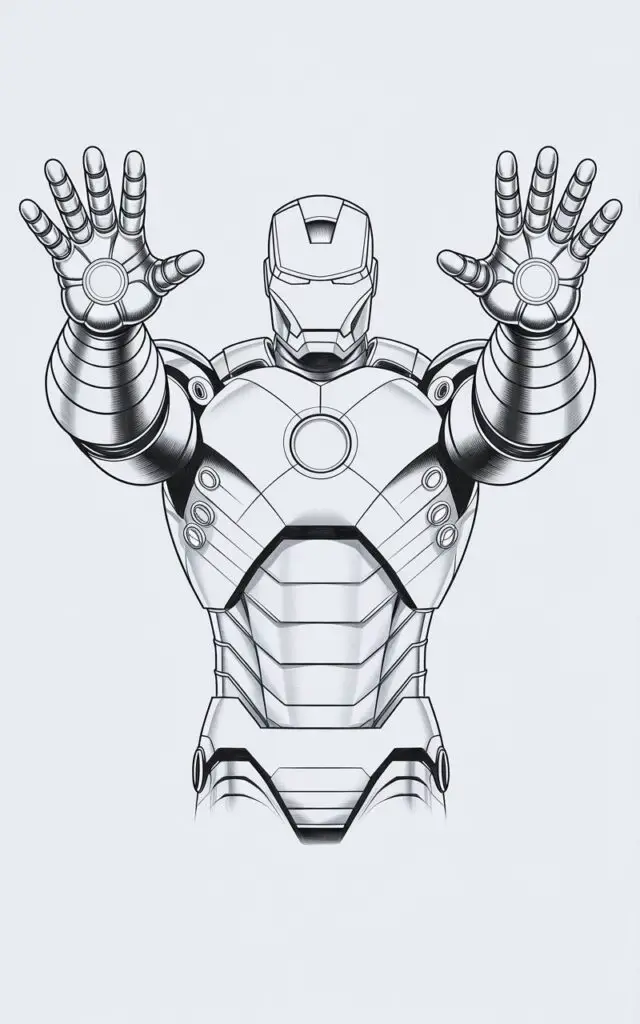 A pencil drawing illustration of Iron Man with a plain white background. Iron Man is standing with his hands raised, revealing the circular repulsors on his palms. The arms are bent slightly, creating a balanced and symmetrical pose. The helmet faces straight ahead, exuding calm and assertiveness. The armor details are simplified for clarity. The entire piece is drawn in a simplistic style, emphasizing confidence, symmetry, and clean design.