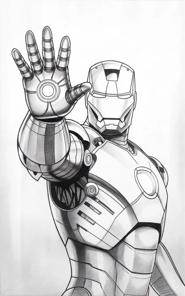 A pencil drawing of Iron Man with a plain white background. Iron Man is raising one hand forward, with his palm facing outward. The circular repulsor in the center of the palm is clearly drawn with concentric rings and soft shading to suggest energy. The forearm armor is segmented with simple lines, while the helmet remains calm and forward-facing. The pose feels controlled and confident. The pencil shading is light and even, avoiding heavy contrast. The entire artwork is drawn in a simplistic style, emphasizing clarity, balance, and readiness.