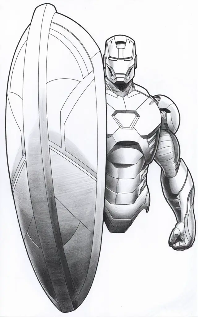 A pencil drawing illustration of Iron Man holding a large, elongated shield with a sleek, futuristic design. The shield has smooth, curved edges with a pointed top and bottom, and panels are simplified into clean geometric shapes. Iron Man grips the shield firmly with one hand, while his other arm rests naturally by his side. The chest armor and arc reactor are centered and well-defined, and the helmet faces forward with calm focus. The illustration is drawn in a simplistic style, emphasizing strength, stability, and futuristic design clarity.