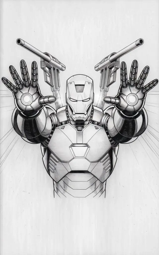 A dynamic, plain white background pencil drawing illustration of Iron Man with both palms open forward, displaying his repulsors clearly. Above each shoulder, small mechanical guns are extended, angled slightly outward. The chest armor and arc reactor are centered and prominent. Light pencil shading adds subtle depth to the arms, torso, and weaponry. The illustration is drawn in a simplistic style, emphasizing technological readiness and a confident, powerful stance without heavy action or clutter.