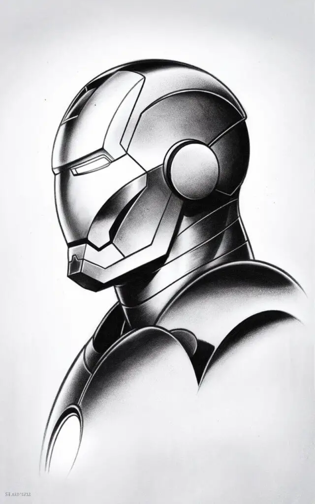 A pencil drawing illustration of Iron Man in a full side profile view on a crisp, plain white background. The helmet's curved forehead, angular nose bridge, and strong jawline are clearly defined using clean, continuous lines. A single eye slit is visible, lightly shaded to suggest illumination. The neck and upper shoulder armor flow naturally from the helmet, creating a smooth silhouette. Texture is minimal, focusing on shape and proportion. The image is drawn in a simplistic style, highlighting the iconic profile with elegance and restraint. The pencil shading is spot on.