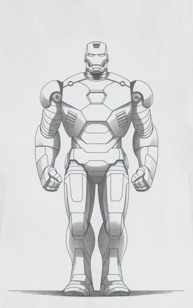 A balanced, plain white background pencil drawing illustration of Iron Man standing upright in a relaxed posture. His arms rest naturally at his sides, and his legs are evenly spaced to show stability. The chest plate and arc reactor are centered, with light shading to suggest form. Armor plates across the torso and legs are simplified into clean sections. The helmet faces forward, expression neutral and composed. The illustration is drawn in a simplistic style, conveying strength through stillness and proportion.