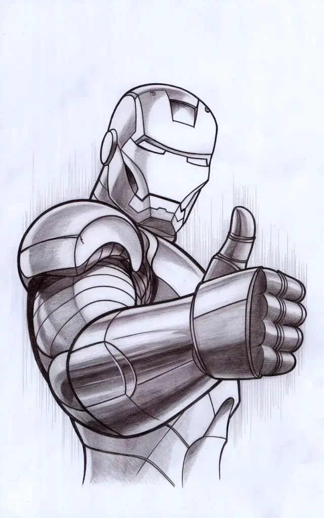A pencil drawing of Iron Man giving a thumbs-up on a plain white background. The helmet tilts slightly, adding a friendly tone. The forearm armor is segmented with clean lines, and the armored thumb is rounded and simplified. Light shading adds form without heaviness. The illustration is drawn in a simplistic style, radiating encouragement and approachability.