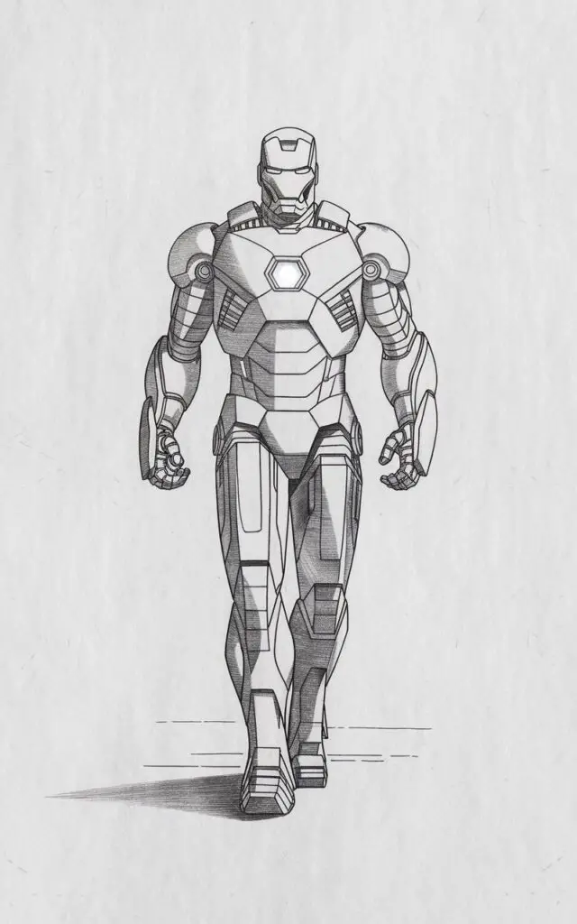 A pencil drawing illustration of Iron Man walking forward calmly on a plain white background. The armor plates align naturally with the motion, and the arc reactor sits centered on the chest. The helmet faces forward, composed and confident. The drawing is in a simplistic style, conveying movement through posture rather than dramatic action.