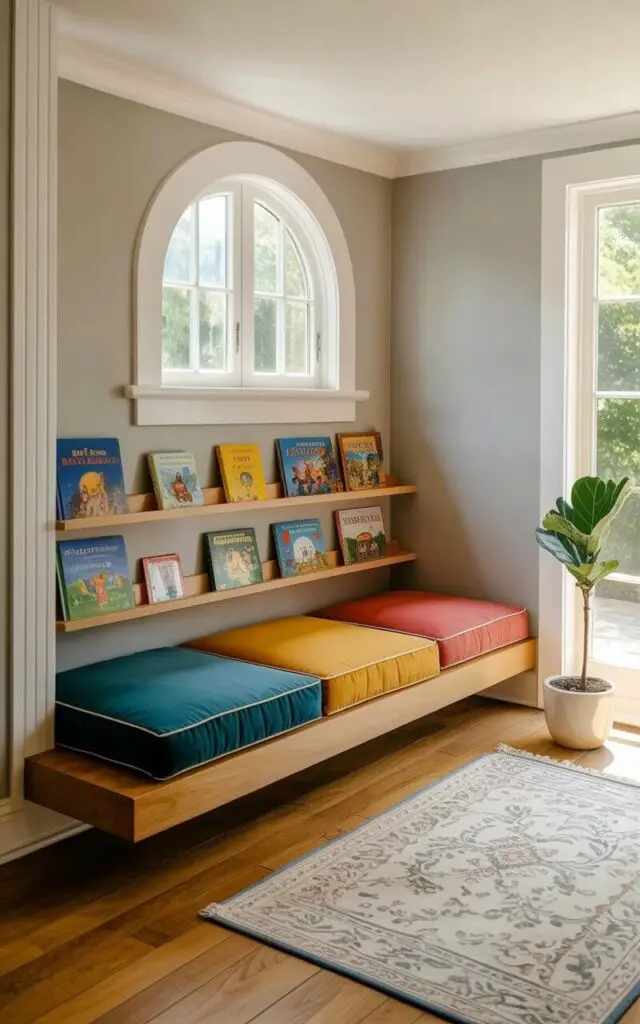 A low, rectangular bench upholstered with three large square cushions—one teal, one mustard yellow, and one coral—forms the central element of the reading nook. Several picture books with brightly colored covers are displayed front-facing on two staggered, light-colored wooden shelves fixed to the wall behind the bench. A small, arched window with white trim allows natural light to flood the space, illuminating a patterned rug in shades of gray and cream. The nook is situated within a room with pale gray walls and a single potted fiddle-leaf fig plant in a white ceramic pot positioned in the corner near the window.