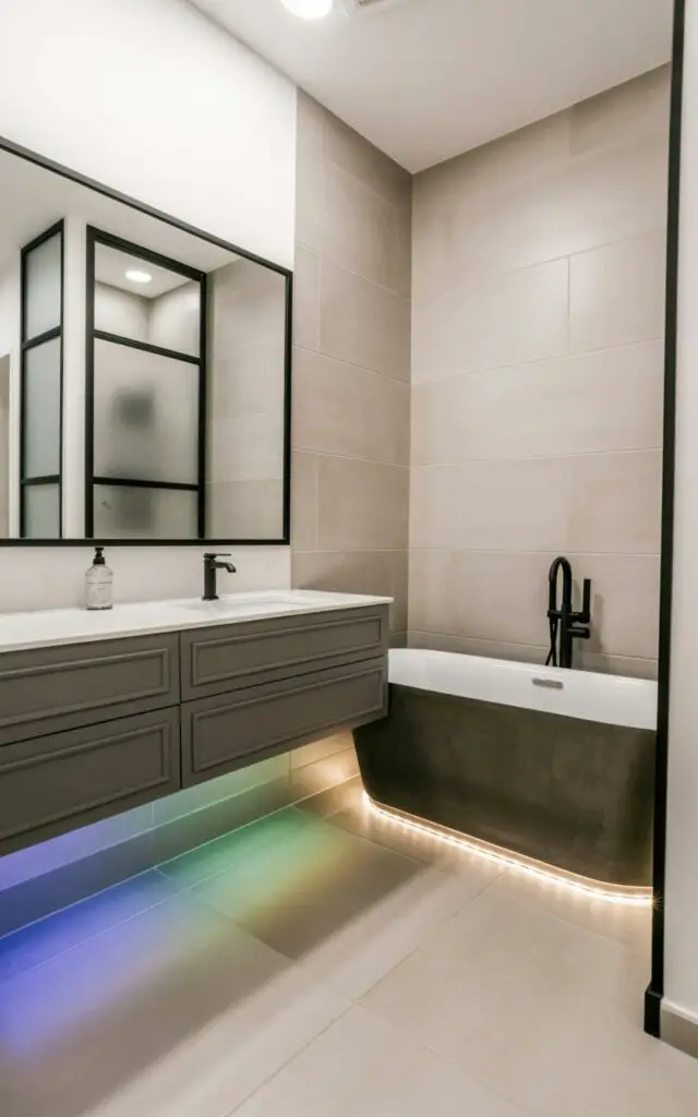 A modern bathroom features a floating vanity with a rectangular white countertop and dark gray cabinetry. Color-changing LED light strips are installed underneath the vanity, illuminating the space with shifting hues of blue, green, and amber, reflecting off the smooth, large-format porcelain tiles covering the walls and floor. A freestanding bathtub with a matte black exterior sits against one wall, with LED strips outlining its base and casting a soft glow. The bathroom includes a large rectangular mirror above the vanity, chrome fixtures, and a frosted glass shower enclosure visible in the background.