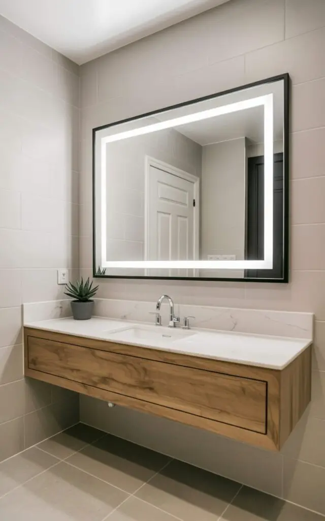A rectangular mirror with a thin black frame is centered above a floating vanity in a bright, well-lit bathroom. Bright white LED panels are recessed into the wall on either side of the mirror, evenly illuminating the space and highlighting the vanity’s warm natural wood grain. The vanity has a single drawer and a polished white countertop with a chrome faucet and a sleek, square sink. Large-format white tiles cover the walls and floor, creating a seamless and uncluttered aesthetic with a small, potted succulent plant sitting on the vanity countertop.