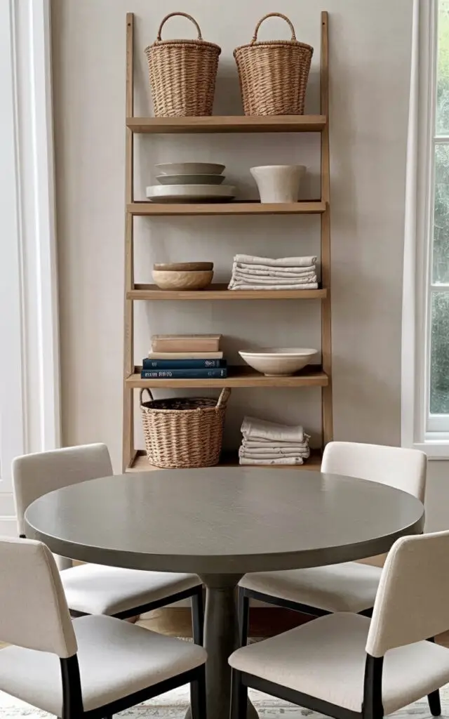 A tall, slightly leaning ladder shelf with five staggered shelves stands against a pale gray wall in a well-lit dining room. Woven seagrass baskets, ceramic bowls in neutral tones, and neatly stacked linen napkins are arranged on the shelves, alongside a few carefully selected books with dark blue covers. A round dining table with a matte charcoal gray finish sits in front of the shelf, encircled by four simple dining chairs upholstered in light beige fabric. Soft daylight filters in through a nearby window, highlighting the natural grain of the wooden shelf and the clean lines of the furniture, creating a calm and uncluttered space.