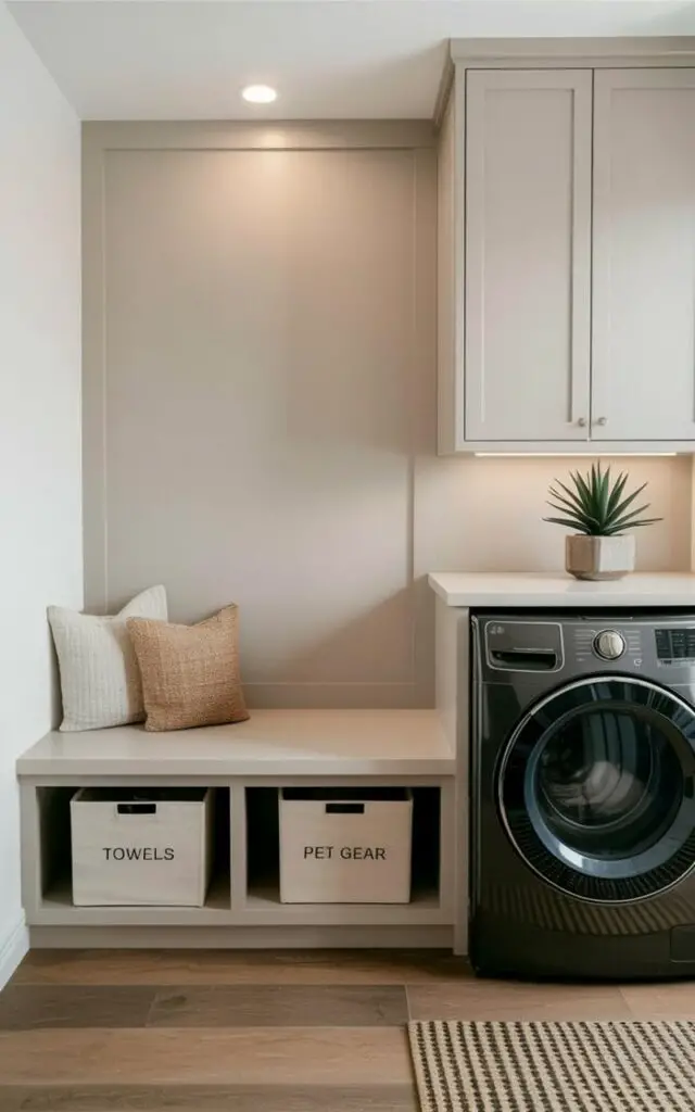 A built-in bench with smooth white cabinetry sits against a pale gray wall, featuring two rectangular storage bins underneath. The bins are labeled with simple, sans-serif font: one reads “Towels” and the other "Pet Gear”. Across from the bench, a black front-loading washing machine and dryer are neatly stacked beneath matching white cabinetry with brushed nickel hardware. Recessed lighting illuminates the space, highlighting the natural wood grain of the flooring and the clean lines of the cabinetry. A patterned woven rug lies on the floor, while a small potted succulent sits on top of the dryer, adding a touch of greenery to the organized laundry room.