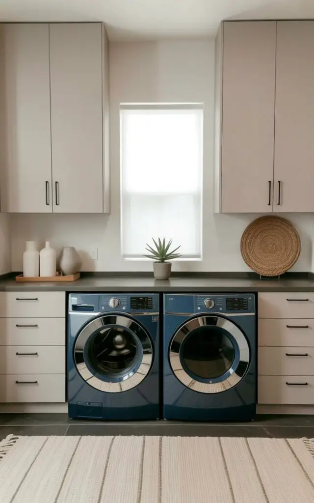 Upper cabinets with smooth, handle-free fronts extend across the entire wall, concealing laundry supplies and providing ample storage space. Below the cabinets, a dark blue washing machine and a matching dryer sit side by side beneath a narrow gray countertop. A small potted succulent sits on the countertop next to a woven djemaa, introducing a touch of organic texture to the space. Soft, diffused light illuminates the room through a single frosted window, highlighting the clean lines and streamlined design of the laundry room.