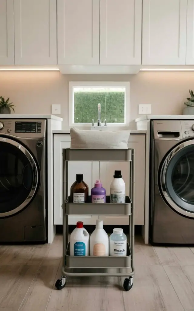 A slim, metal rolling cart with three tiers sits between a front-loading washing machine and a matching dryer, showcasing a practical storage solution. The cart's shelves hold various laundry detergents in plastic bottles, a container of stain remover, and several small glass bottles with labels displaying “Fabric Softener” and “Bleach”. The room features smooth, white painted walls and a light-toned, wood-grain floor, with under-cabinet LED strip lighting illuminating the cart’s contents. The laundry appliances are both stainless steel with recessed control panels, positioned against the wall with a small, rectangular window offering a view of a green, fenced-in backyard.