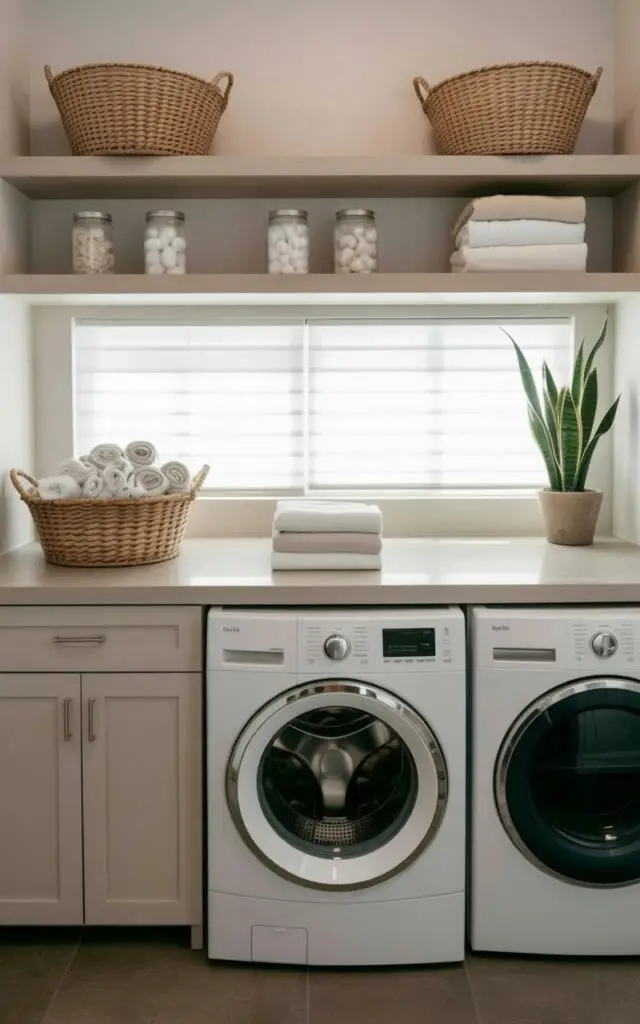 A wide, light-colored countertop extends across a laundry room, spanning the width of a front-loading laundry machine and a stacked laundry dryer. On the countertop sits a neatly folded stack of white towels and a woven laundry basket filled with rolled socks. Above the countertop, three open shelves display a collection of glass jars containing cotton balls and dryer sheets, alongside two natural fiber baskets holding folded linens. Soft, diffused sunlight streams through a nearby window, illuminating the pale gray cabinetry and the smooth surface of the countertop, while a potted snake plant sits in the corner of the room.