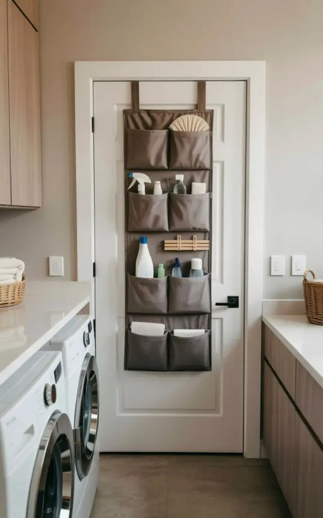 A white door with a black handle is centered in the composition, revealing a laundry room with a minimalist aesthetic. An over-the-door organizer hangs from the door, featuring multiple pockets and small shelves neatly arranged with cleaning brushes, various spray bottles, and wooden clothespins. Below the door, a white front-loading washing machine and dryer are positioned beneath a smooth, white countertop that extends across the wall. The room’s walls and floor are painted in soft neutral tones, accented by light wood trim, with a small basket of folded towels visible in the corner.