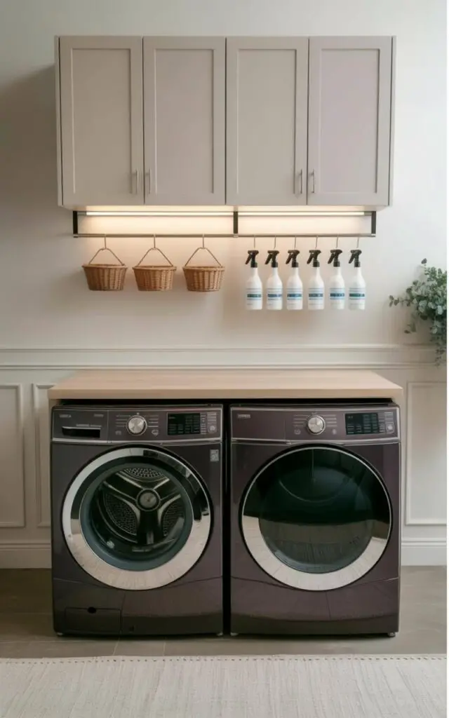 A minimalist, very well decorated laundry room showcasing under-cabinet hanging rails designed for maximum efficiency. Small baskets and spray bottles hang from the rail using sleek metal hooks, forming a tidy laundry room storage layout beneath floating upper cabinets. Directly below, a spotless dark purple laundry machine and laundry dryer sit beneath a pale wood countertop. The soft glow of under-cabinet lighting highlights the rail’s functionality while enhancing the room’s calm, refined aesthetic.
