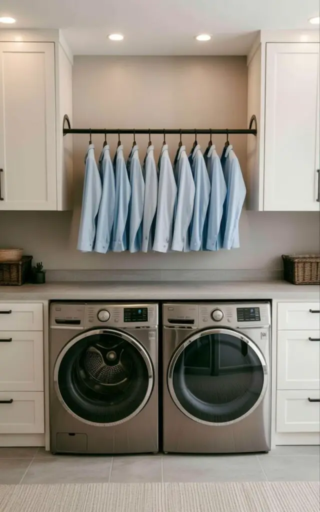 A sleek, brushed-nickel hanging rod extends between two white, handleless cabinets, supporting a row of neatly folded, light-blue linen shirts. Below the hanging rod, a front-loading washing machine and a matching dryer sit side-by-side, each with stainless steel doors and control panels displaying digital readouts. A light gray quartz countertop stretches across the space, providing a durable surface above the appliances and incorporating integrated storage compartments. The room features pale gray tile flooring and recessed LED lighting, creating a clean and organized laundry environment.