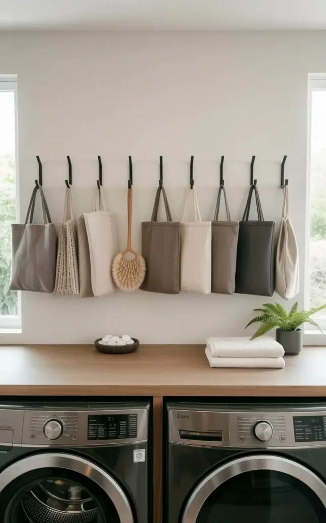 A row of matte black hooks extends horizontally across a smooth white wall, each hook holding a reusable cotton tote bag in varying shades of grey, a wooden-handled cleaning brush with stiff bristles, and a folded linen laundry bag. Beneath the hooks, a dark green front-loading washing machine and a matching dryer sit side by side, both with stainless steel door handles. A slim wooden countertop with a light oak finish stretches between the appliances, featuring a small ceramic soap dish filled with white laundry detergent pods. Natural light streams through a nearby window, illuminating the textures of the cotton bags, the grain of the wood, and the crisp lines of the white wall, while a small potted fern sits on the countertop beside a neatly folded stack of white towels.