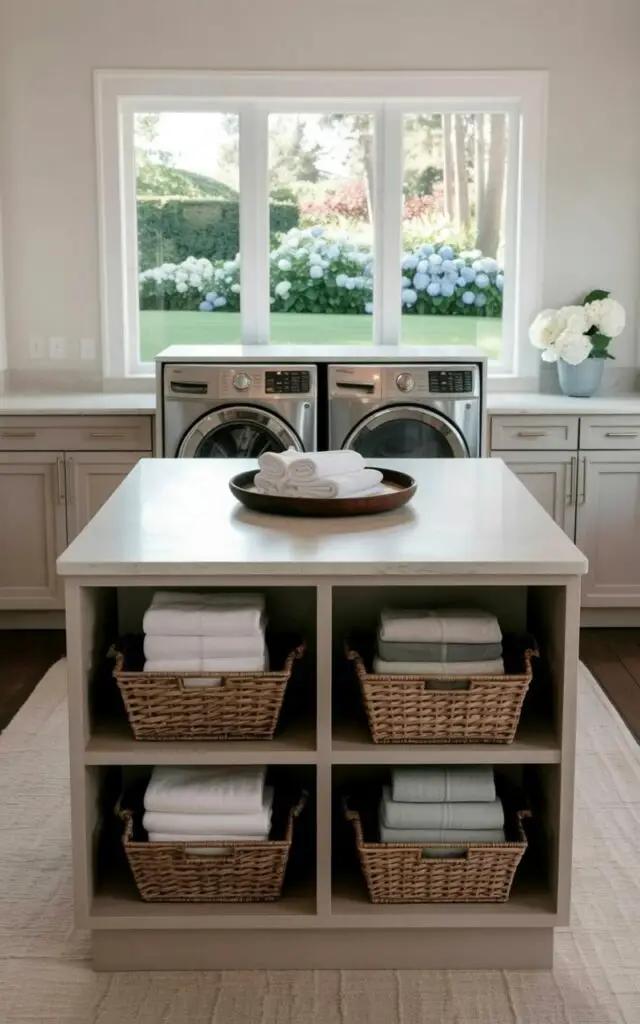 A central island stands within a spacious laundry room featuring a clean, uncluttered design. The island’s open shelving displays a collection of woven baskets containing neatly folded towels and linens in shades of white, gray, and light blue. A front-loading laundry machine and dryer are positioned against a long, light gray countertop, each with stainless steel hardware and integrated control panels. Natural light streams in through a large window overlooking a manicured lawn and blooming hydrangea bushes.