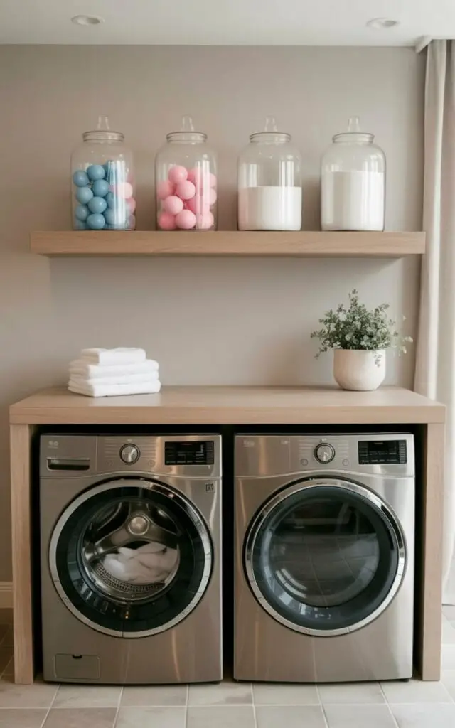 Clear glass jars containing blue laundry pods, pink dryer balls, and white laundry powder sit on a floating shelf made of light oak wood. Beneath the shelf, a stainless steel washing machine and a matching dryer stand side-by-side, their surfaces reflecting the room's natural light. A pale wood countertop stretches across the wall beneath the shelf, providing a surface for folding laundry. Soft-toned gray walls and a tiled floor create a clean and bright laundry room environment with recessed lighting fixtures and a small potted plant in a white ceramic pot near the countertop.