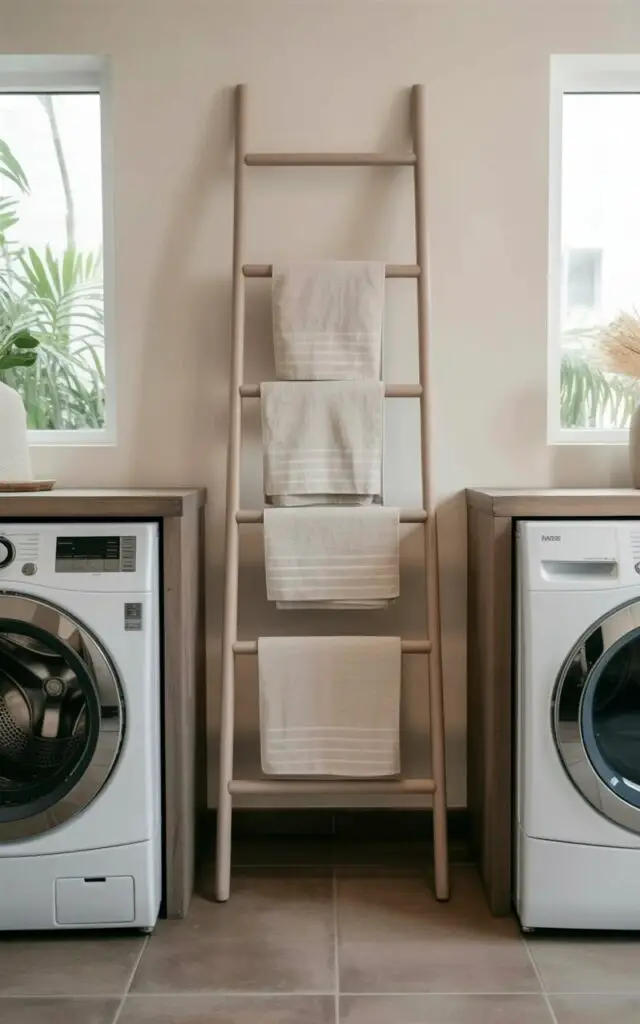 A light-toned wooden ladder leans against a plain white wall within a laundry room. Three neatly folded, white linen hand towels hang from the ladder's rungs. A front-loading white washing machine and a matching dryer sit adjacent to the ladder, both featuring stainless steel accents and flat-panel doors. Natural sunlight streams in through a nearby window, illuminating the wooden grain of the ladder and casting soft shadows across the tile floor.
