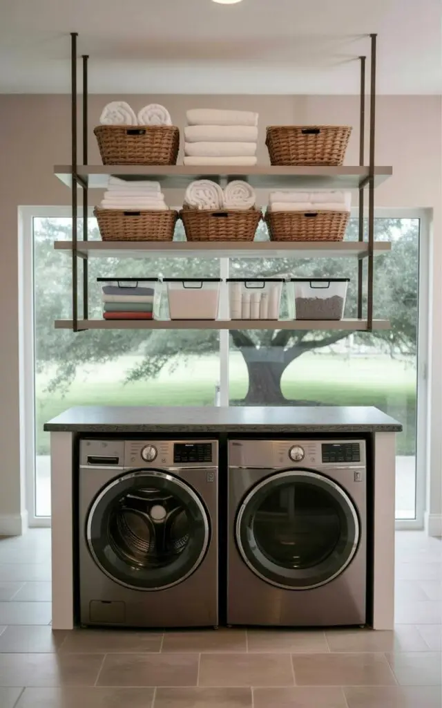 Suspended from the ceiling are three rectangular shelves constructed from light-colored wood with thin, dark metal brackets. Woven baskets filled with folded white linens and neatly rolled towels are arranged on the shelves, alongside closed plastic bins containing seasonal laundry supplies like dryer sheets and fabric softener. Beneath the shelves, a front-loading laundry machine and a matching dryer sit side by side, both finished in a stainless steel tone, under a simple white countertop with a dark gray granite surface. The laundry room features pale gray tiled flooring and a large window overlooking a green lawn with a mature oak tree in the background.
