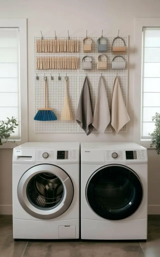 A white laundry machine and dryer stand side-by-side against a bright white wall. Above the appliances, a large pegboard is mounted, displaying a collection of organized items including twenty-four wooden clothespins, a blue cleaning brush with a wooden handle, and three folded dish towels in shades of gray and cream. Small metal hooks protrude from the pegboard, securing each item in a designated spot, contributing to the room’s clean and orderly aesthetic. Soft, diffused light streams through a nearby window, creating subtle shadows on the pegboard and highlighting the texture of the appliances.