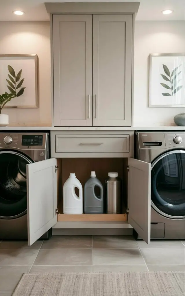 A lower cabinet with a pull-out shelf extends smoothly outward, revealing three large plastic detergent bottles and two metal jugs neatly organized within. The cabinet doors are a flat-panel design, painted a soft gray color with integrated brushed nickel handles. A front-loading washing machine and dryer, both finished in stainless steel, flank the cabinet on either side, positioned on a light gray tile floor. Overhead recessed lighting illuminates the clean lines of the cabinetry and appliances, with a small, framed print of a leafy green plant hanging on the adjacent wall.