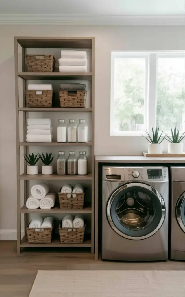 A tall freestanding shelf tower constructed from light-colored wood stands against a pale white wall in a well-lit laundry room. The open shelves of the tower display a collection of woven baskets containing folded clothes, neatly rolled white towels, clear glass jars filled with laundry detergent pods, and small potted succulents with dark green leaves. A modern front-loading laundry machine in a brushed stainless steel finish and a matching dryer sit adjacent to the tower on a light wood floor. Natural light streams through a nearby window, illuminating the clean, organized space and casting subtle shadows on the wooden surfaces.